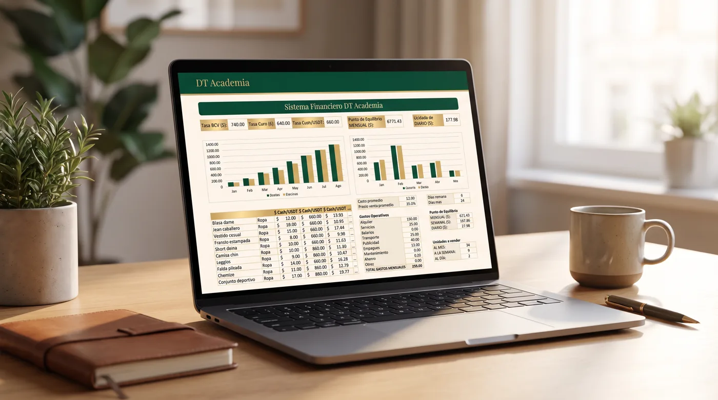 El Sistema Financiero DT Academia abierto en una laptop, con su dashboard de graficos verdes y dorados