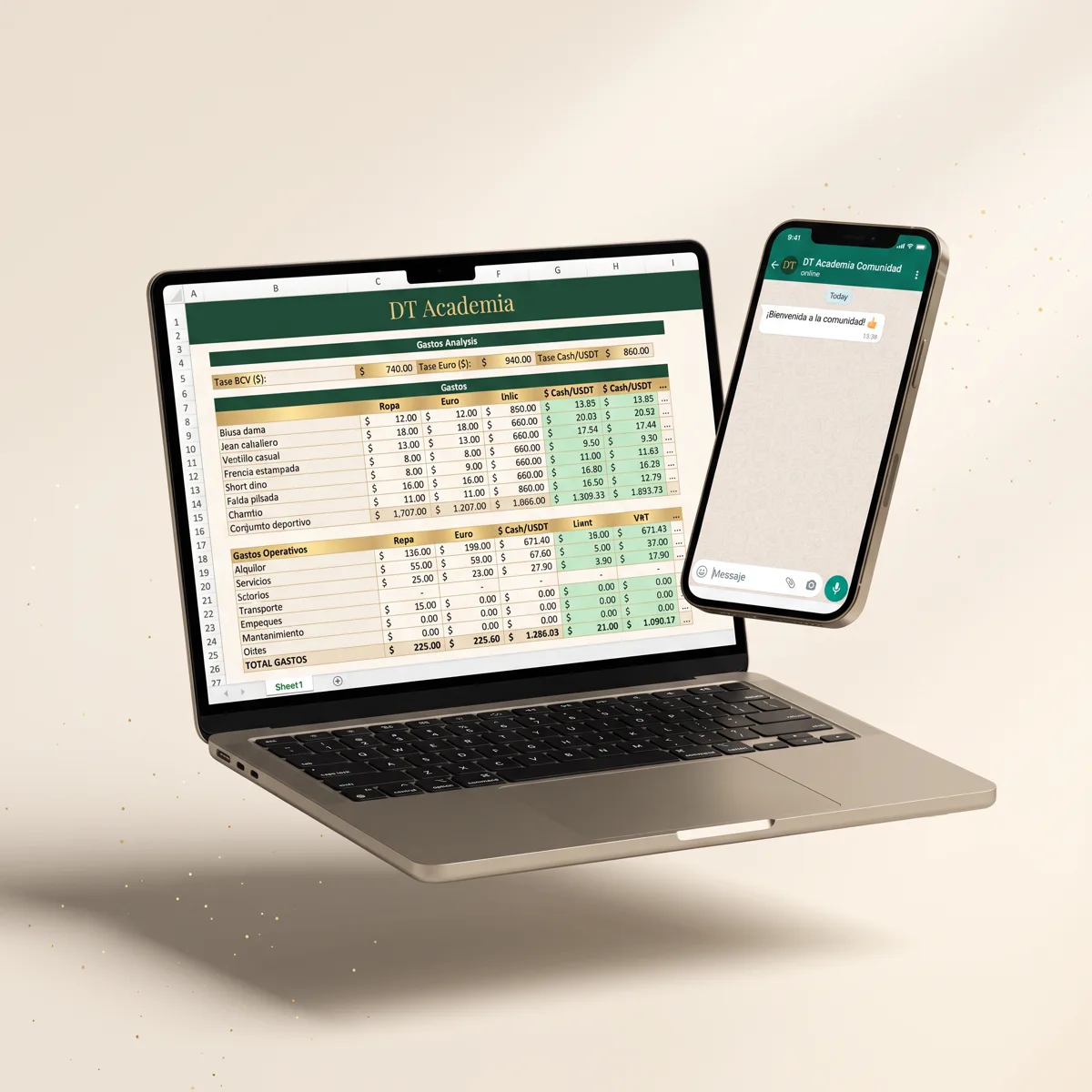 El kit DT Academia: plantilla en la laptop y comunidad de WhatsApp en el teléfono
